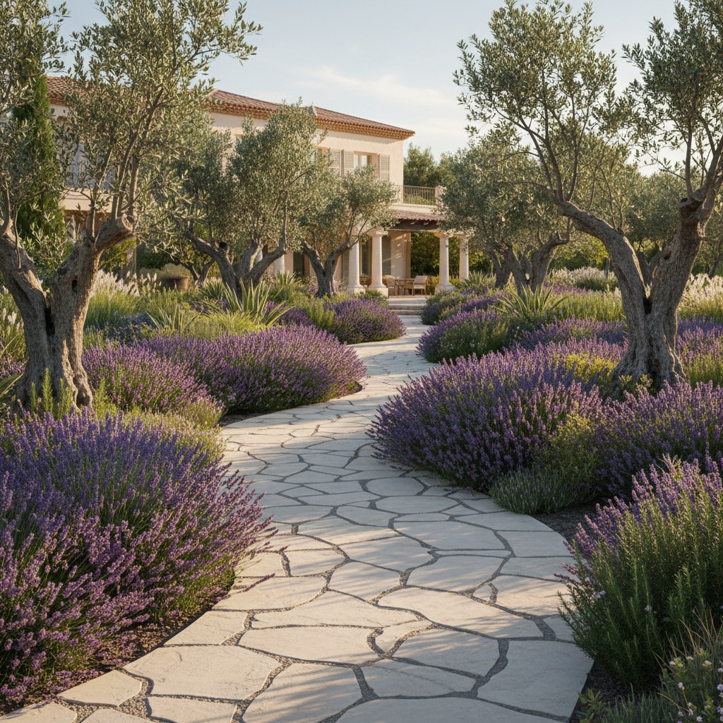Villa bahçe tasarımı — doğal taş yürüyüş yolu ve bitkilendirme