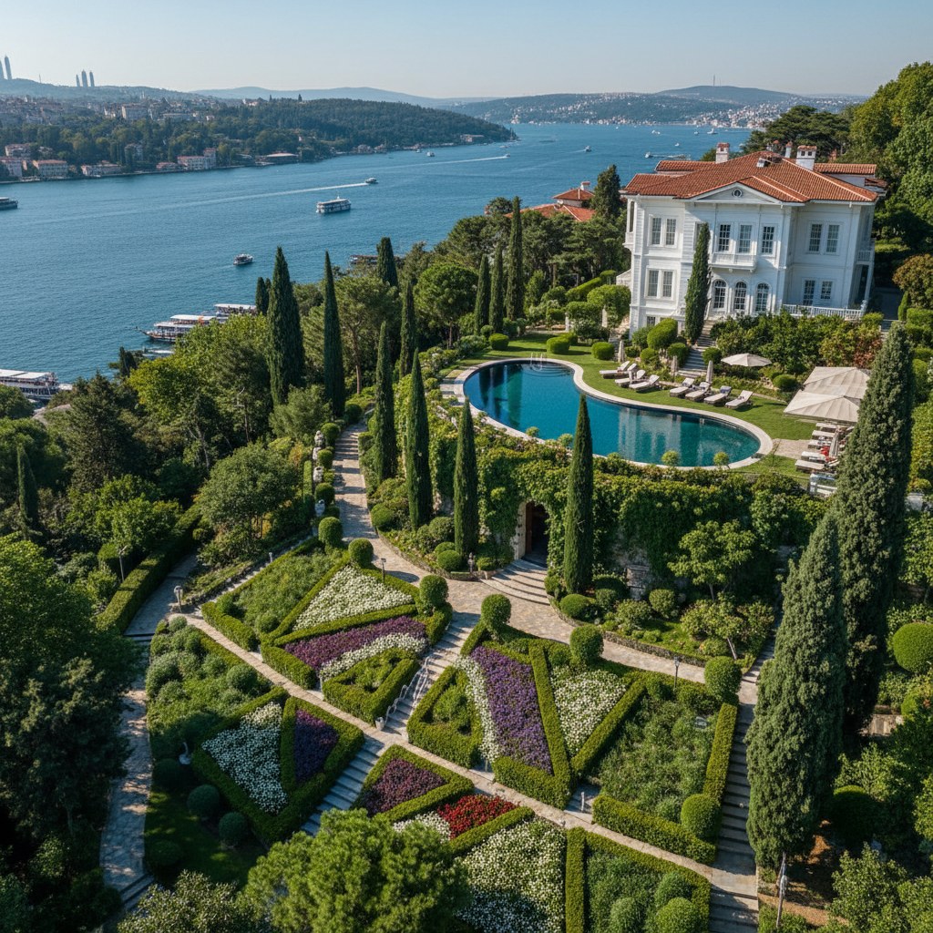 Boğaz manzaralı villa bahçesi peyzaj projesi